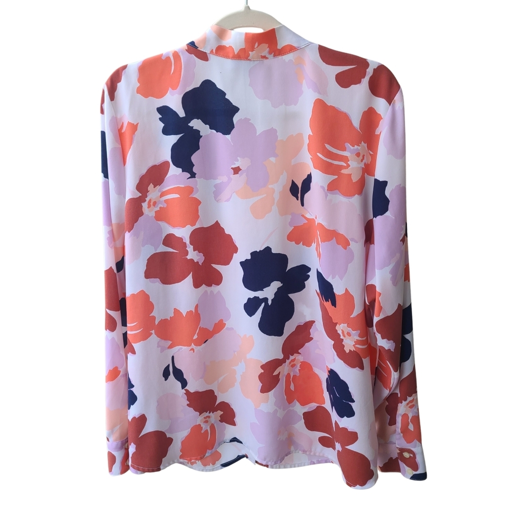HALOGEN Navy Peach Abstract Print V Neck Long Sleeve Button Up Blouse 2X - Picture 3 of 8